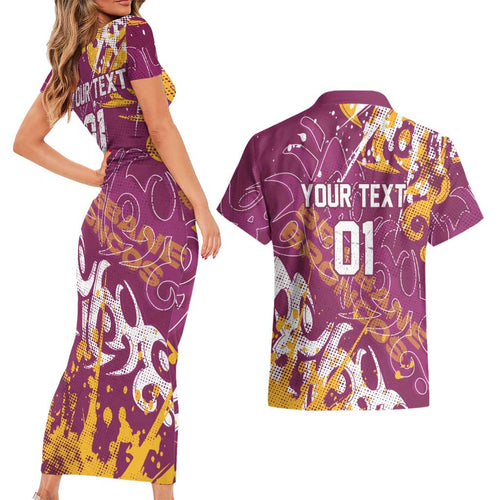 Personalized Brisbane Broncos Rugby Couples Matching Short Sleeve Bodycon Dress and Hawaiian Shirt Urban Street Graffiti Style - Distressed Splatter Elements