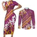 Personalized Brisbane Broncos Rugby Couples Matching Short Sleeve Bodycon Dress and Long Sleeve Button Shirt Urban Street Graffiti Style - Distressed Splatter Elements