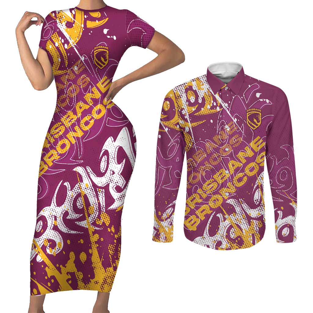 Personalized Brisbane Broncos Rugby Couples Matching Short Sleeve Bodycon Dress and Long Sleeve Button Shirt Urban Street Graffiti Style - Distressed Splatter Elements