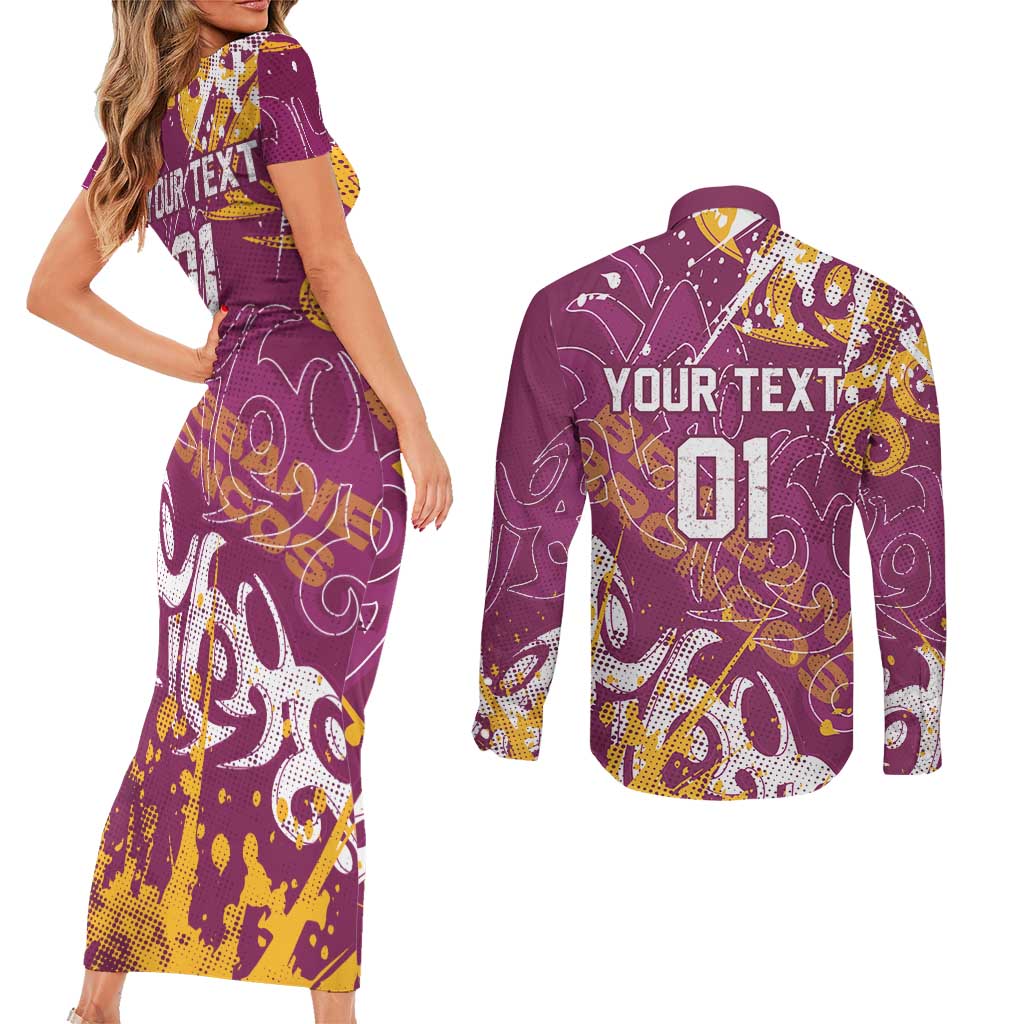 Personalized Brisbane Broncos Rugby Couples Matching Short Sleeve Bodycon Dress and Long Sleeve Button Shirt Urban Street Graffiti Style - Distressed Splatter Elements
