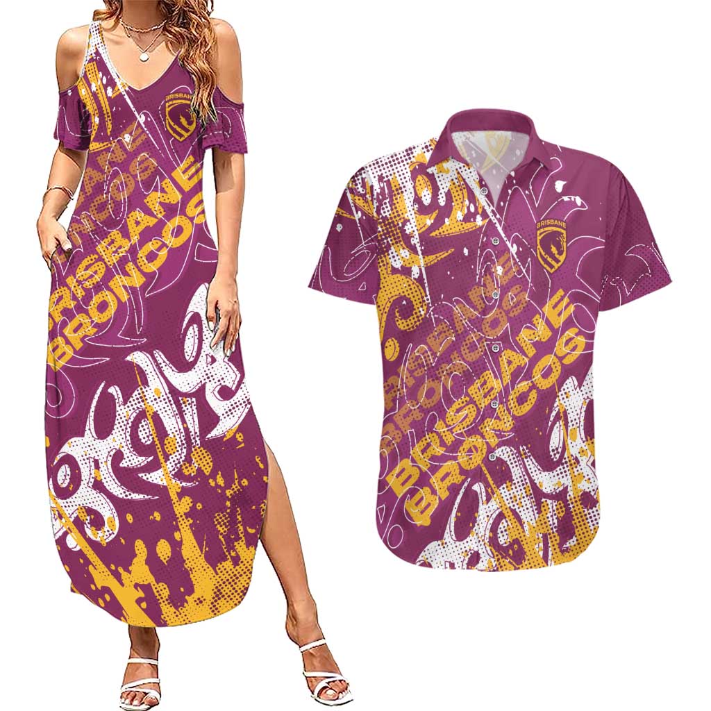 Personalized Brisbane Broncos Rugby Couples Matching Summer Maxi Dress and Hawaiian Shirt Urban Street Graffiti Style - Distressed Splatter Elements