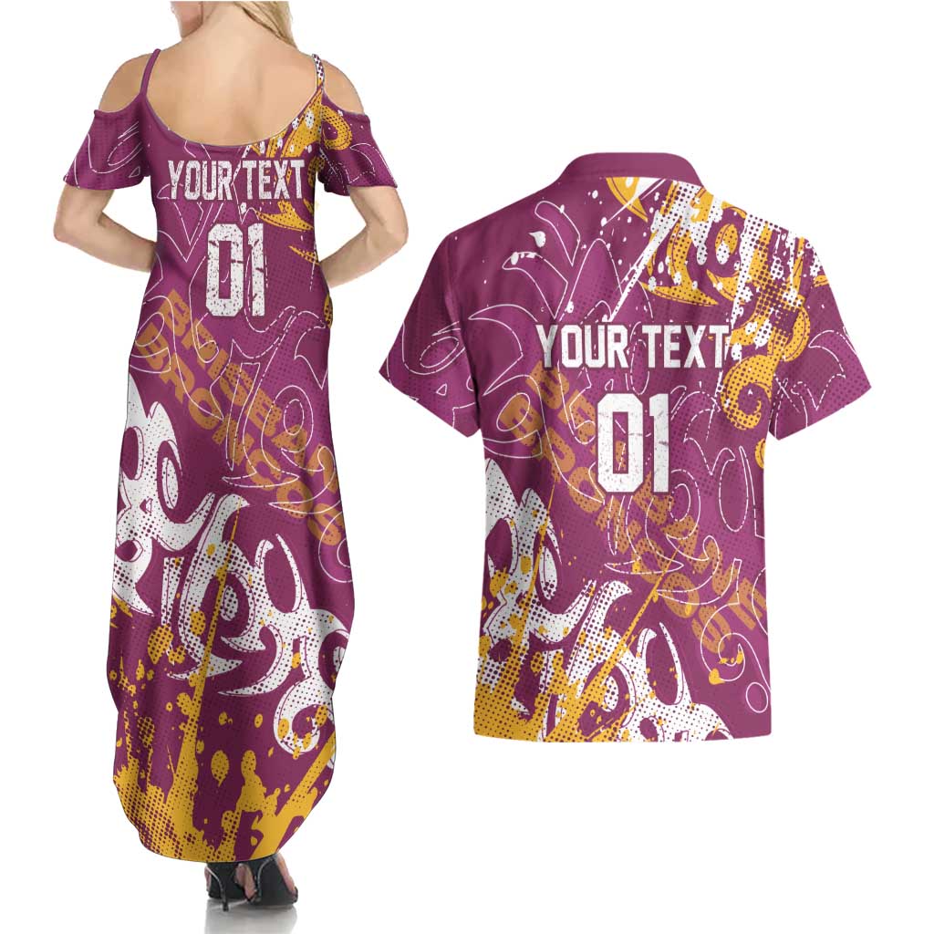 Personalized Brisbane Broncos Rugby Couples Matching Summer Maxi Dress and Hawaiian Shirt Urban Street Graffiti Style - Distressed Splatter Elements