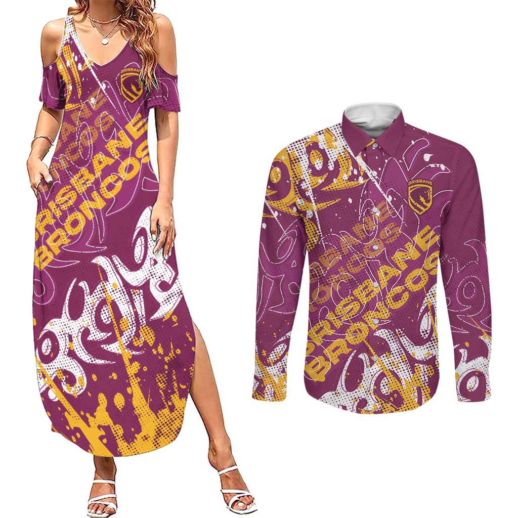 Personalized Brisbane Broncos Rugby Couples Matching Summer Maxi Dress and Long Sleeve Button Shirt Urban Street Graffiti Style - Distressed Splatter Elements