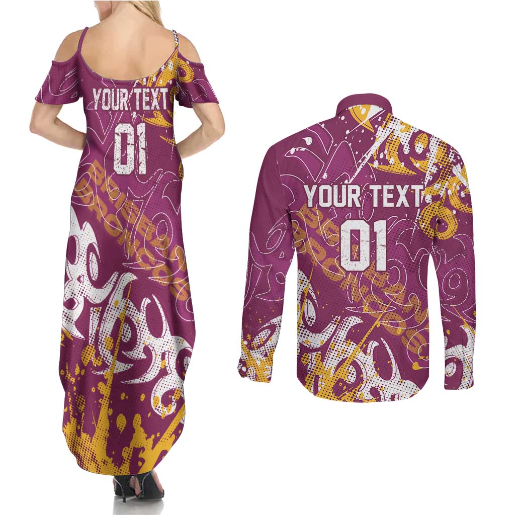 Personalized Brisbane Broncos Rugby Couples Matching Summer Maxi Dress and Long Sleeve Button Shirt Urban Street Graffiti Style - Distressed Splatter Elements