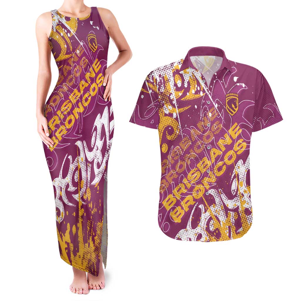 Personalized Brisbane Broncos Rugby Couples Matching Tank Maxi Dress and Hawaiian Shirt Urban Street Graffiti Style - Distressed Splatter Elements