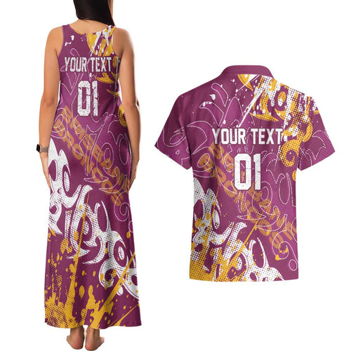 Personalized Brisbane Broncos Rugby Couples Matching Tank Maxi Dress and Hawaiian Shirt Urban Street Graffiti Style - Distressed Splatter Elements