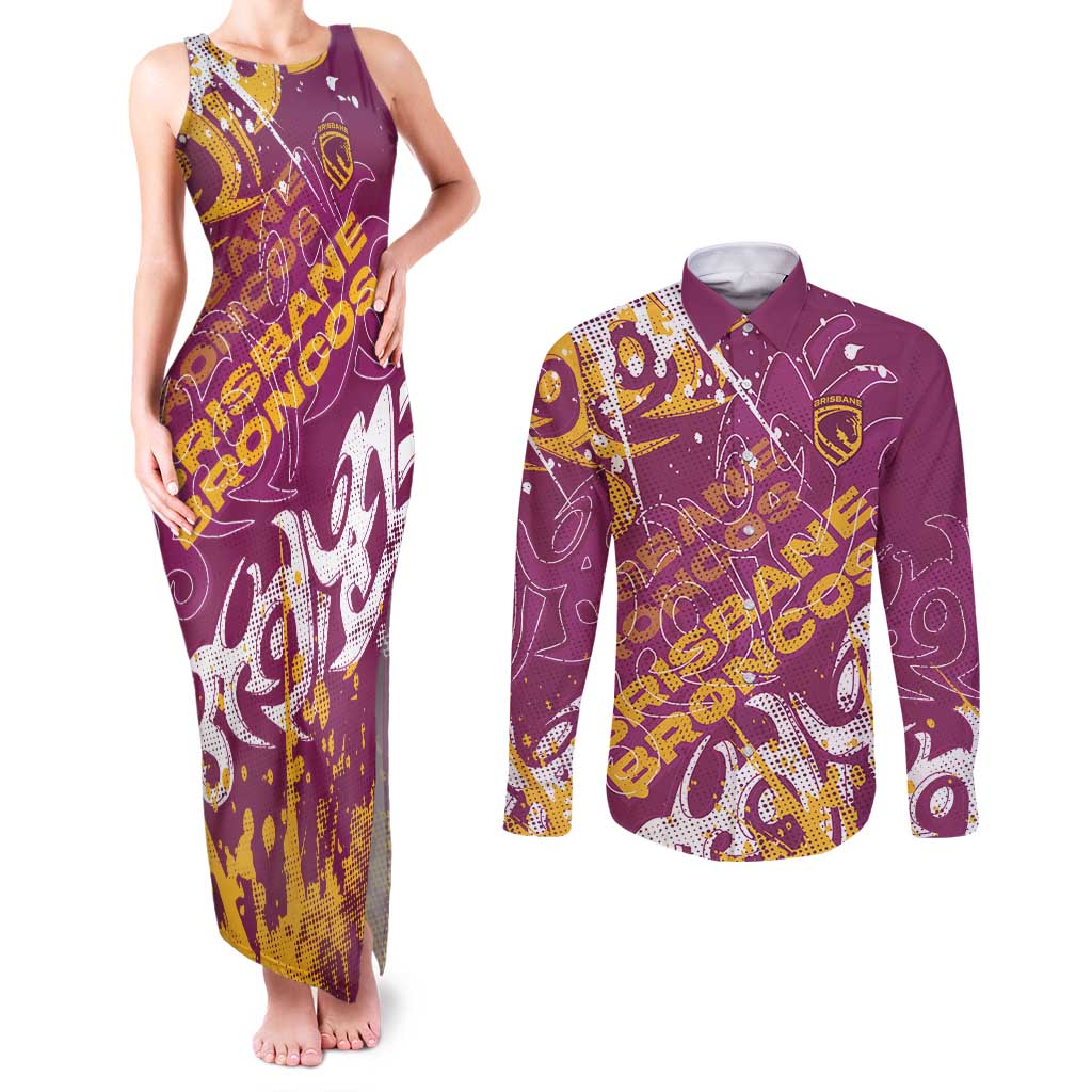 Personalized Brisbane Broncos Rugby Couples Matching Tank Maxi Dress and Long Sleeve Button Shirt Urban Street Graffiti Style - Distressed Splatter Elements