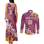 Personalized Brisbane Broncos Rugby Couples Matching Tank Maxi Dress and Long Sleeve Button Shirt Urban Street Graffiti Style - Distressed Splatter Elements