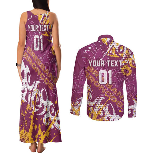 Personalized Brisbane Broncos Rugby Couples Matching Tank Maxi Dress and Long Sleeve Button Shirt Urban Street Graffiti Style - Distressed Splatter Elements
