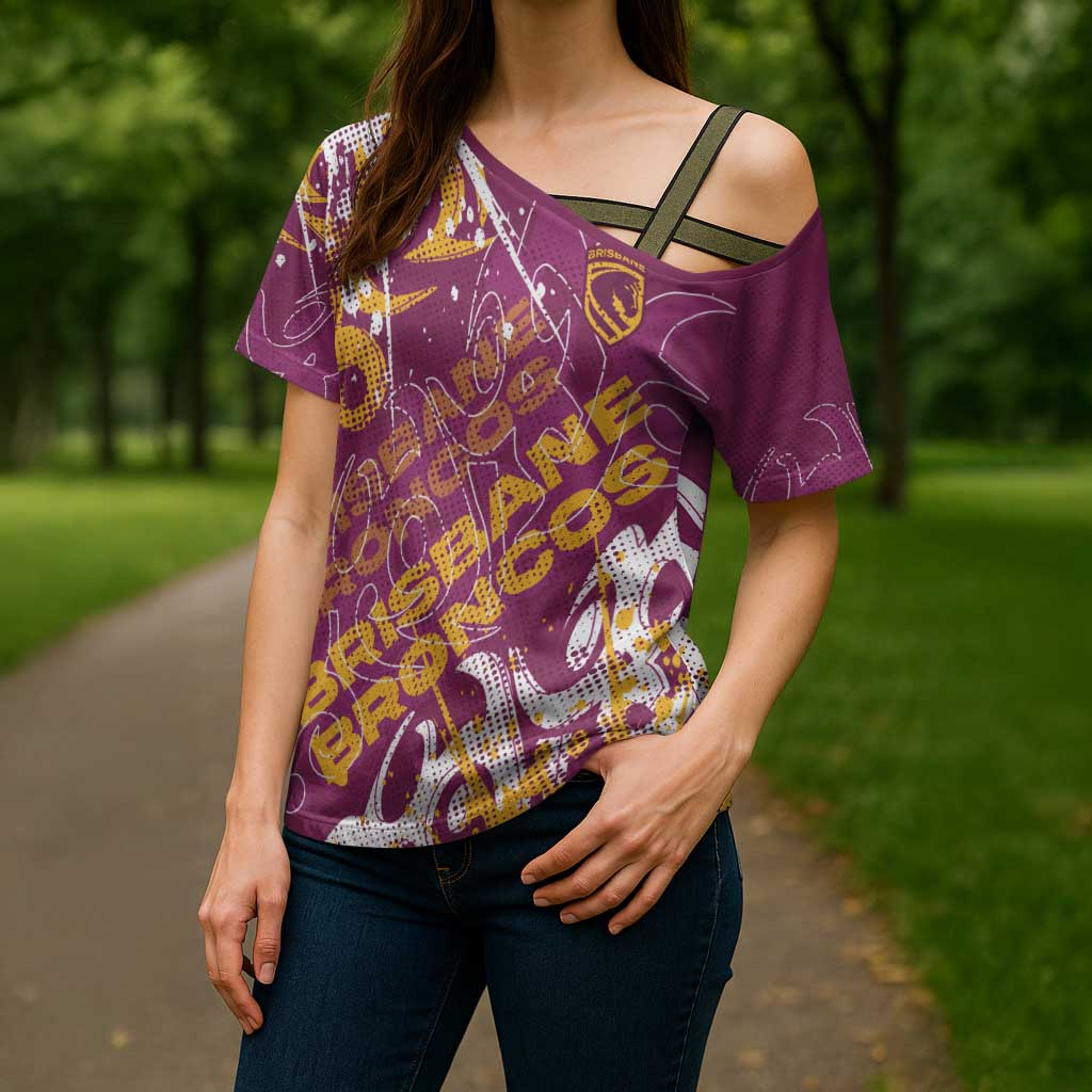 Personalized Brisbane Broncos Rugby Cross Shoulder Shirt Urban Street Graffiti Style - Distressed Splatter Elements