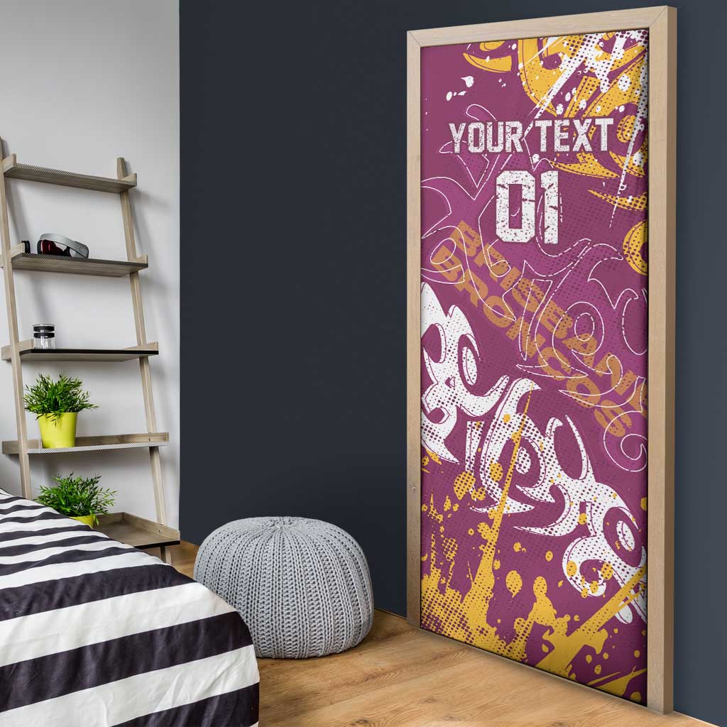 Personalized Brisbane Broncos Rugby Door Cover Urban Street Graffiti Style - Distressed Splatter Elements