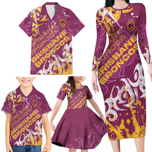 Personalized Brisbane Broncos Rugby Family Matching Long Sleeve Bodycon Dress and Hawaiian Shirt Urban Street Graffiti Style - Distressed Splatter Elements