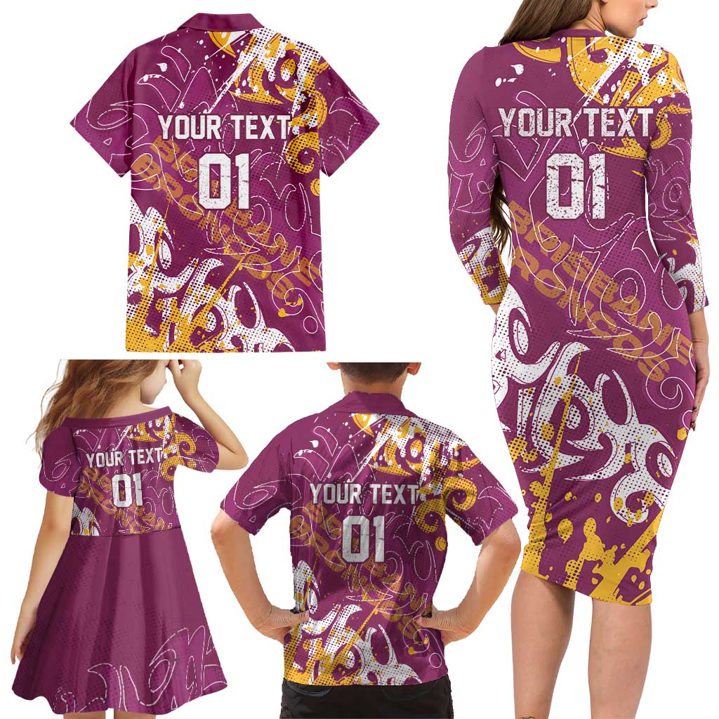 Personalized Brisbane Broncos Rugby Family Matching Long Sleeve Bodycon Dress and Hawaiian Shirt Urban Street Graffiti Style - Distressed Splatter Elements