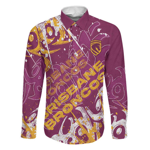 Personalized Brisbane Broncos Rugby Family Matching Long Sleeve Bodycon Dress and Hawaiian Shirt Urban Street Graffiti Style - Distressed Splatter Elements