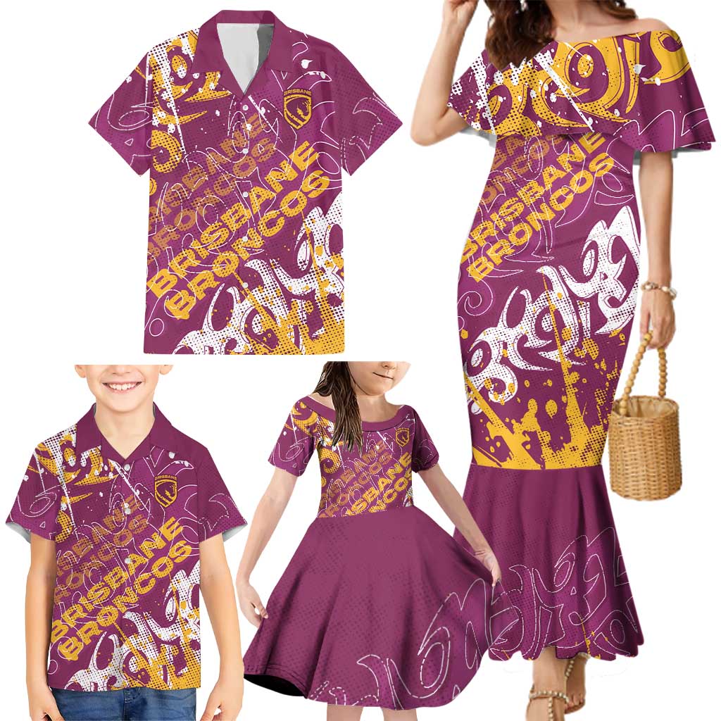Personalized Brisbane Broncos Rugby Family Matching Mermaid Dress and Hawaiian Shirt Urban Street Graffiti Style - Distressed Splatter Elements