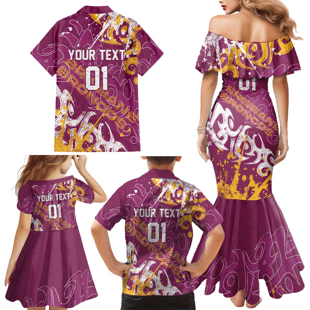 Personalized Brisbane Broncos Rugby Family Matching Mermaid Dress and Hawaiian Shirt Urban Street Graffiti Style - Distressed Splatter Elements