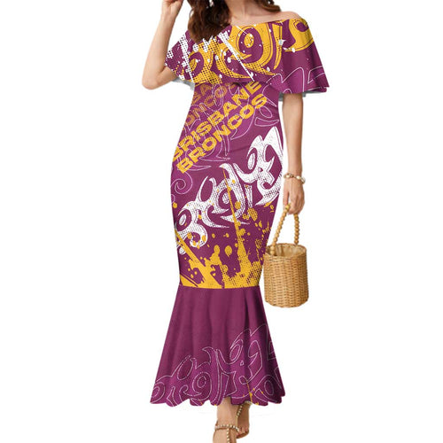 Personalized Brisbane Broncos Rugby Family Matching Mermaid Dress and Hawaiian Shirt Urban Street Graffiti Style - Distressed Splatter Elements