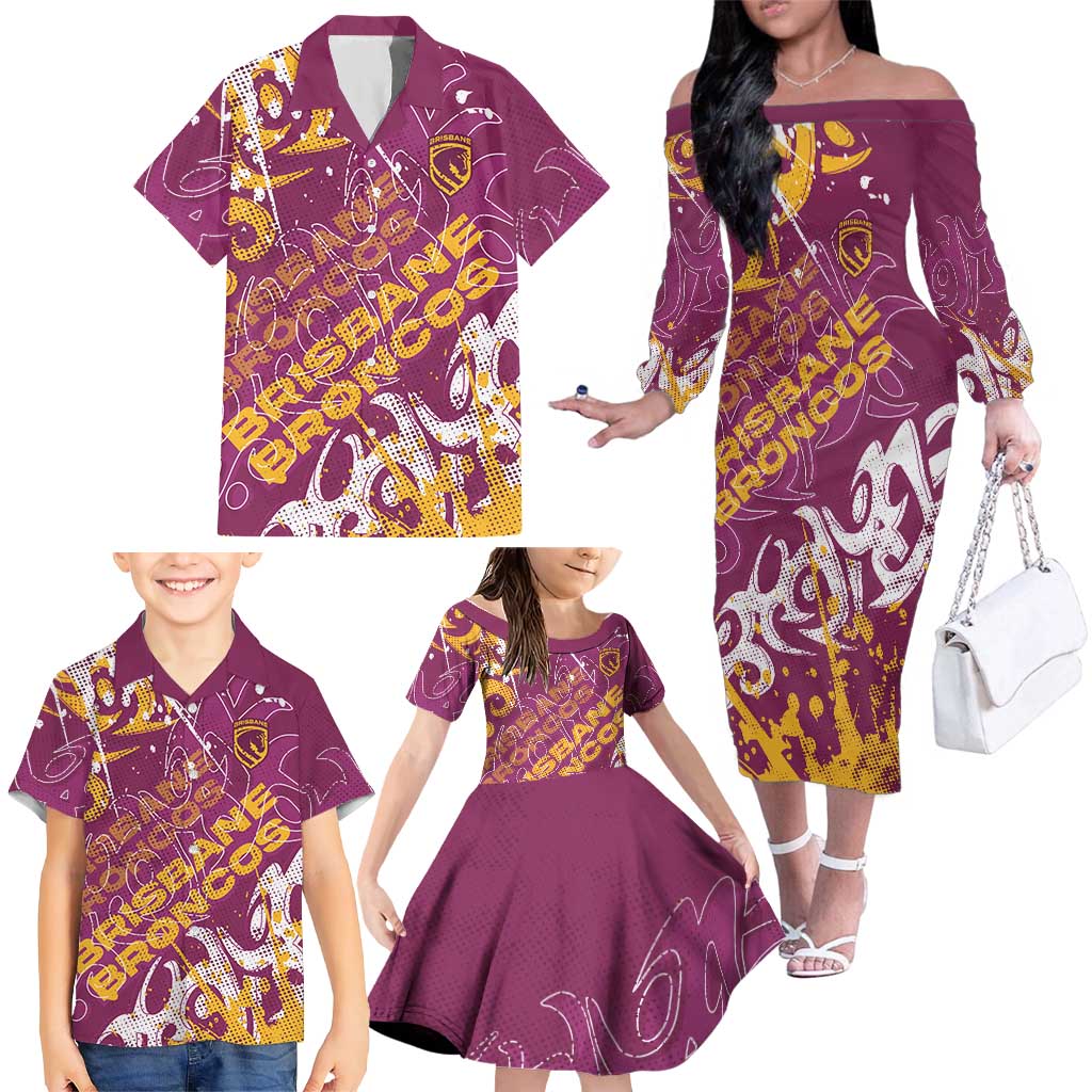 Personalized Brisbane Broncos Rugby Family Matching Off The Shoulder Long Sleeve Dress and Hawaiian Shirt Urban Street Graffiti Style - Distressed Splatter Elements