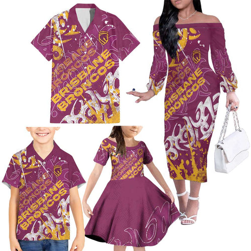 Personalized Brisbane Broncos Rugby Family Matching Off The Shoulder Long Sleeve Dress and Hawaiian Shirt Urban Street Graffiti Style - Distressed Splatter Elements