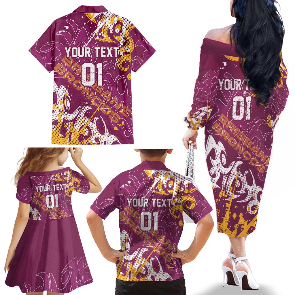 Personalized Brisbane Broncos Rugby Family Matching Off The Shoulder Long Sleeve Dress and Hawaiian Shirt Urban Street Graffiti Style - Distressed Splatter Elements