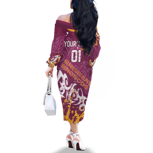Personalized Brisbane Broncos Rugby Family Matching Off The Shoulder Long Sleeve Dress and Hawaiian Shirt Urban Street Graffiti Style - Distressed Splatter Elements