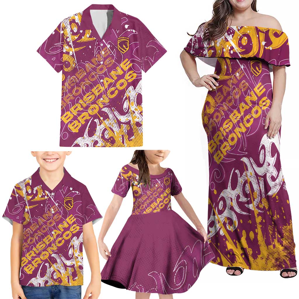 Personalized Brisbane Broncos Rugby Family Matching Off Shoulder Maxi Dress and Hawaiian Shirt Urban Street Graffiti Style - Distressed Splatter Elements