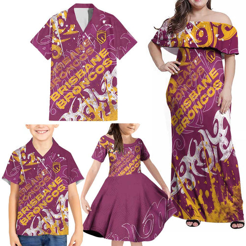 Personalized Brisbane Broncos Rugby Family Matching Off Shoulder Maxi Dress and Hawaiian Shirt Urban Street Graffiti Style - Distressed Splatter Elements