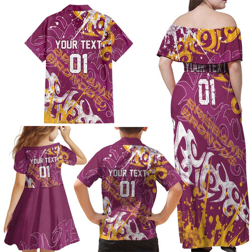 Personalized Brisbane Broncos Rugby Family Matching Off Shoulder Maxi Dress and Hawaiian Shirt Urban Street Graffiti Style - Distressed Splatter Elements