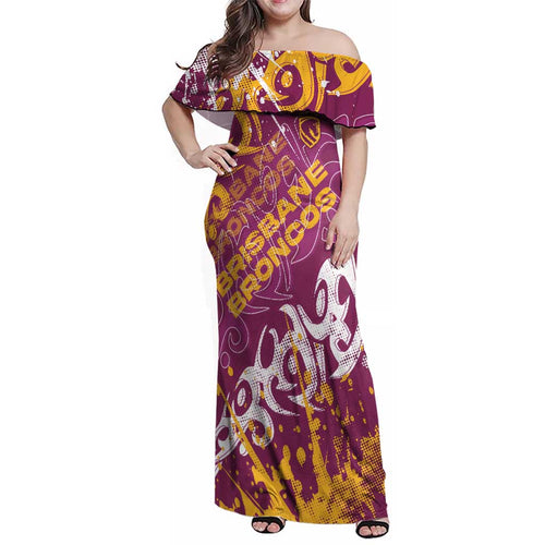 Personalized Brisbane Broncos Rugby Family Matching Off Shoulder Maxi Dress and Hawaiian Shirt Urban Street Graffiti Style - Distressed Splatter Elements