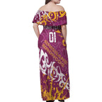 Personalized Brisbane Broncos Rugby Family Matching Off Shoulder Maxi Dress and Hawaiian Shirt Urban Street Graffiti Style - Distressed Splatter Elements