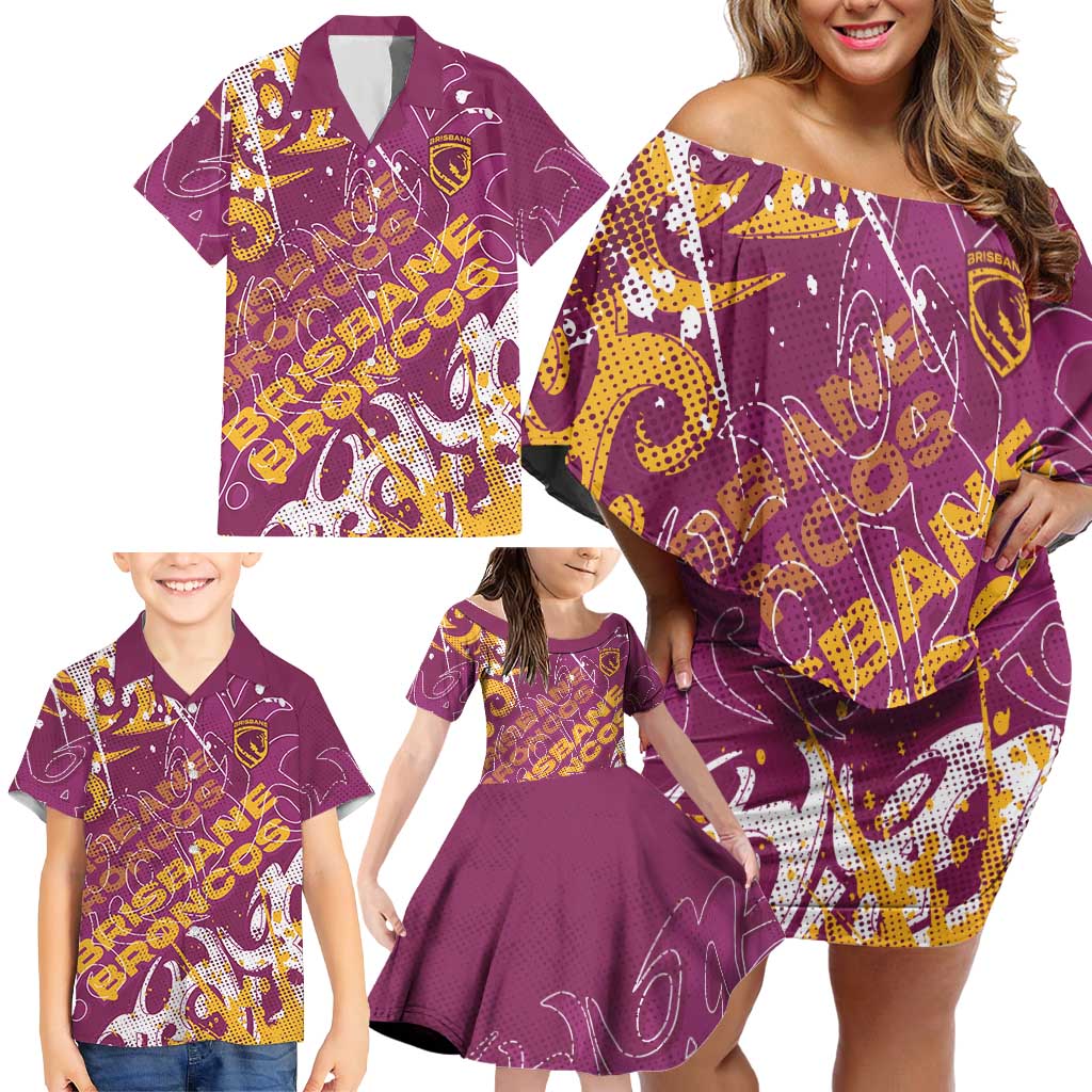 Personalized Brisbane Broncos Rugby Family Matching Off Shoulder Short Dress and Hawaiian Shirt Urban Street Graffiti Style - Distressed Splatter Elements