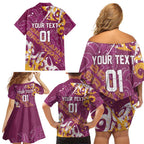 Personalized Brisbane Broncos Rugby Family Matching Off Shoulder Short Dress and Hawaiian Shirt Urban Street Graffiti Style - Distressed Splatter Elements