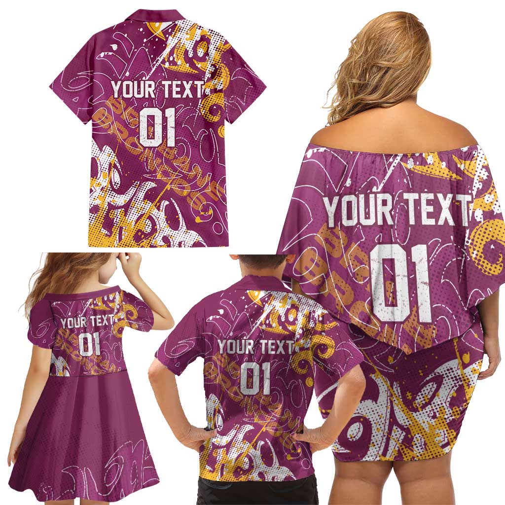 Personalized Brisbane Broncos Rugby Family Matching Off Shoulder Short Dress and Hawaiian Shirt Urban Street Graffiti Style - Distressed Splatter Elements