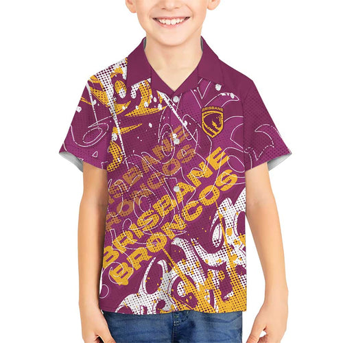 Personalized Brisbane Broncos Rugby Family Matching Off Shoulder Short Dress and Hawaiian Shirt Urban Street Graffiti Style - Distressed Splatter Elements