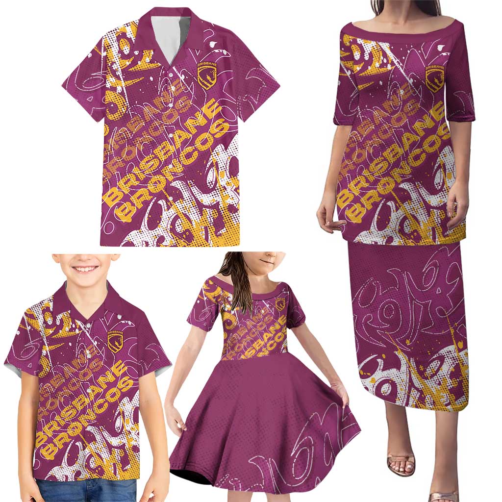 Personalized Brisbane Broncos Rugby Family Matching Puletasi and Hawaiian Shirt Urban Street Graffiti Style - Distressed Splatter Elements