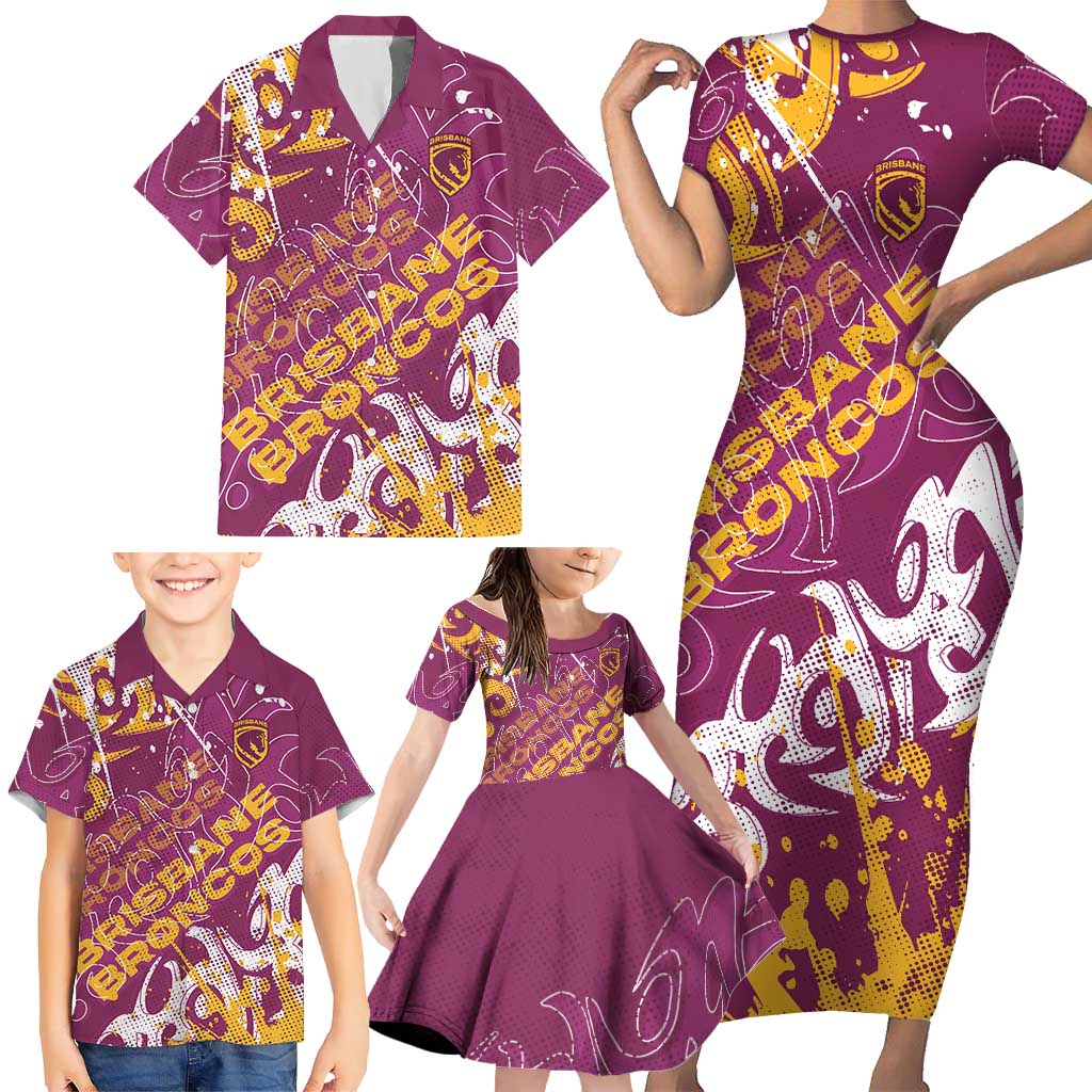 Personalized Brisbane Broncos Rugby Family Matching Short Sleeve Bodycon Dress and Hawaiian Shirt Urban Street Graffiti Style - Distressed Splatter Elements