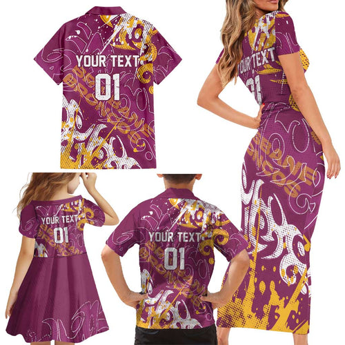 Personalized Brisbane Broncos Rugby Family Matching Short Sleeve Bodycon Dress and Hawaiian Shirt Urban Street Graffiti Style - Distressed Splatter Elements