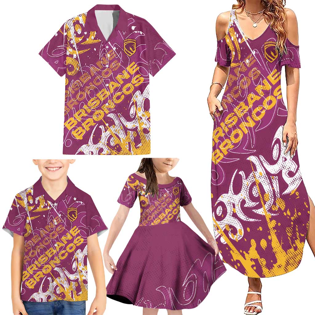 Personalized Brisbane Broncos Rugby Family Matching Summer Maxi Dress and Hawaiian Shirt Urban Street Graffiti Style - Distressed Splatter Elements