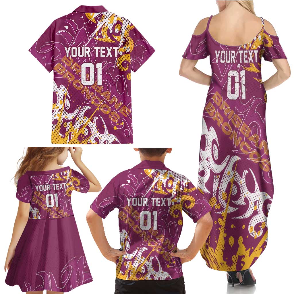 Personalized Brisbane Broncos Rugby Family Matching Summer Maxi Dress and Hawaiian Shirt Urban Street Graffiti Style - Distressed Splatter Elements