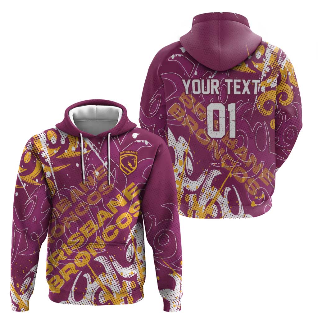 Personalized Brisbane Broncos Rugby Hoodie Urban Street Graffiti Style - Distressed Splatter Elements