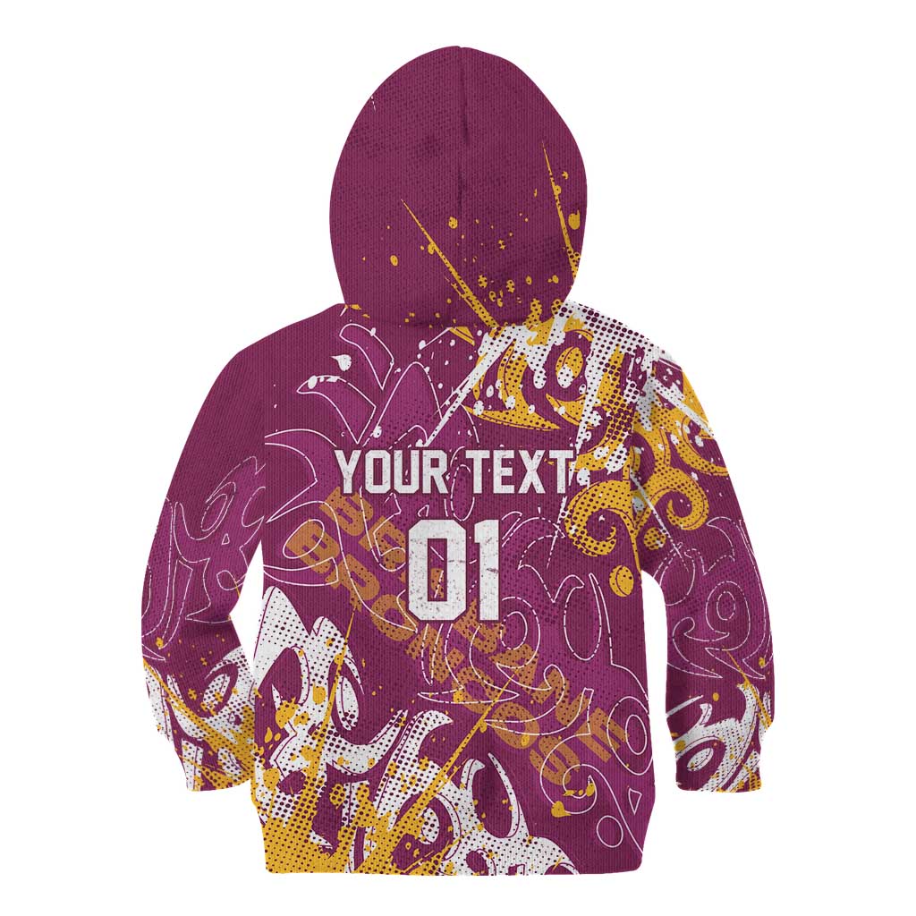 Personalized Brisbane Broncos Rugby Kid Hoodie Urban Street Graffiti Style - Distressed Splatter Elements