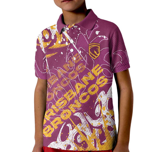 Personalized Brisbane Broncos Rugby Kid Polo Shirt Urban Street Graffiti Style - Distressed Splatter Elements