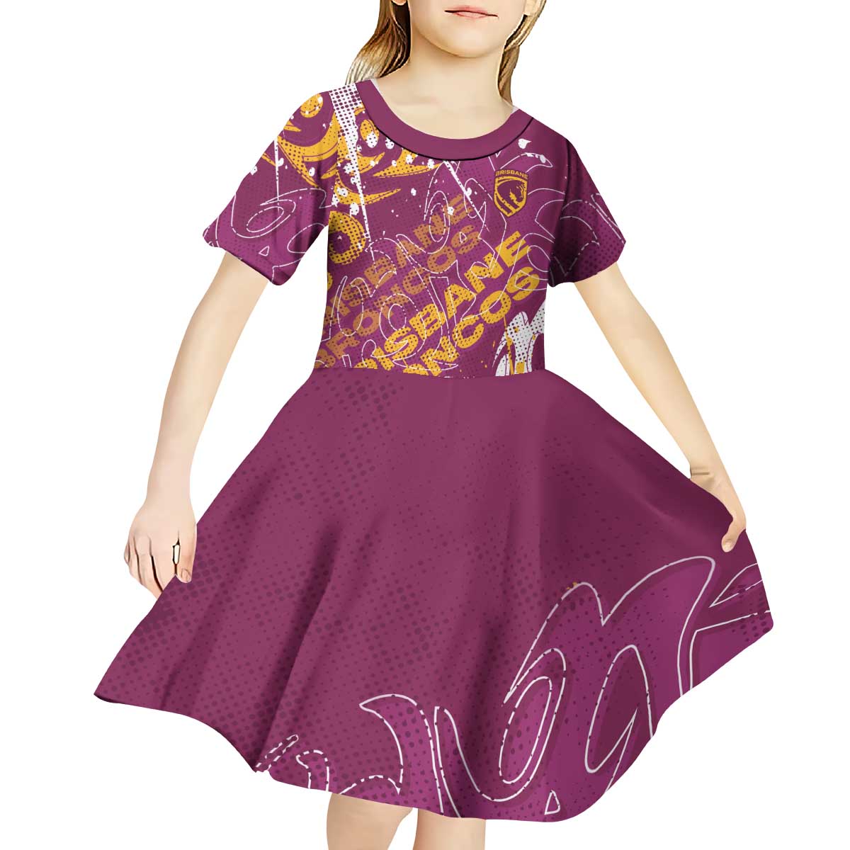 Personalized Brisbane Broncos Rugby Kid Short Sleeve Dress Urban Street Graffiti Style - Distressed Splatter Elements