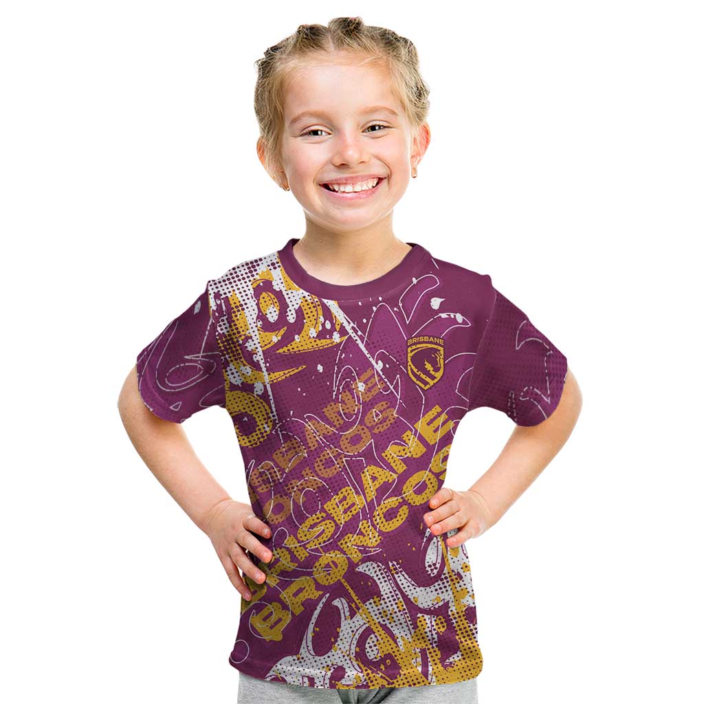 Personalized Brisbane Broncos Rugby Kid T Shirt Urban Street Graffiti Style - Distressed Splatter Elements
