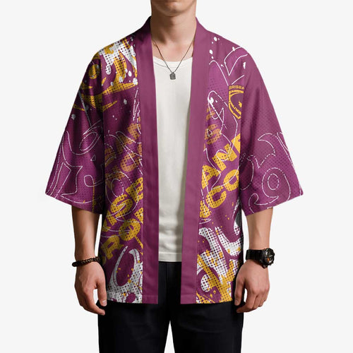 Personalized Brisbane Broncos Rugby Kimono Urban Street Graffiti Style - Distressed Splatter Elements