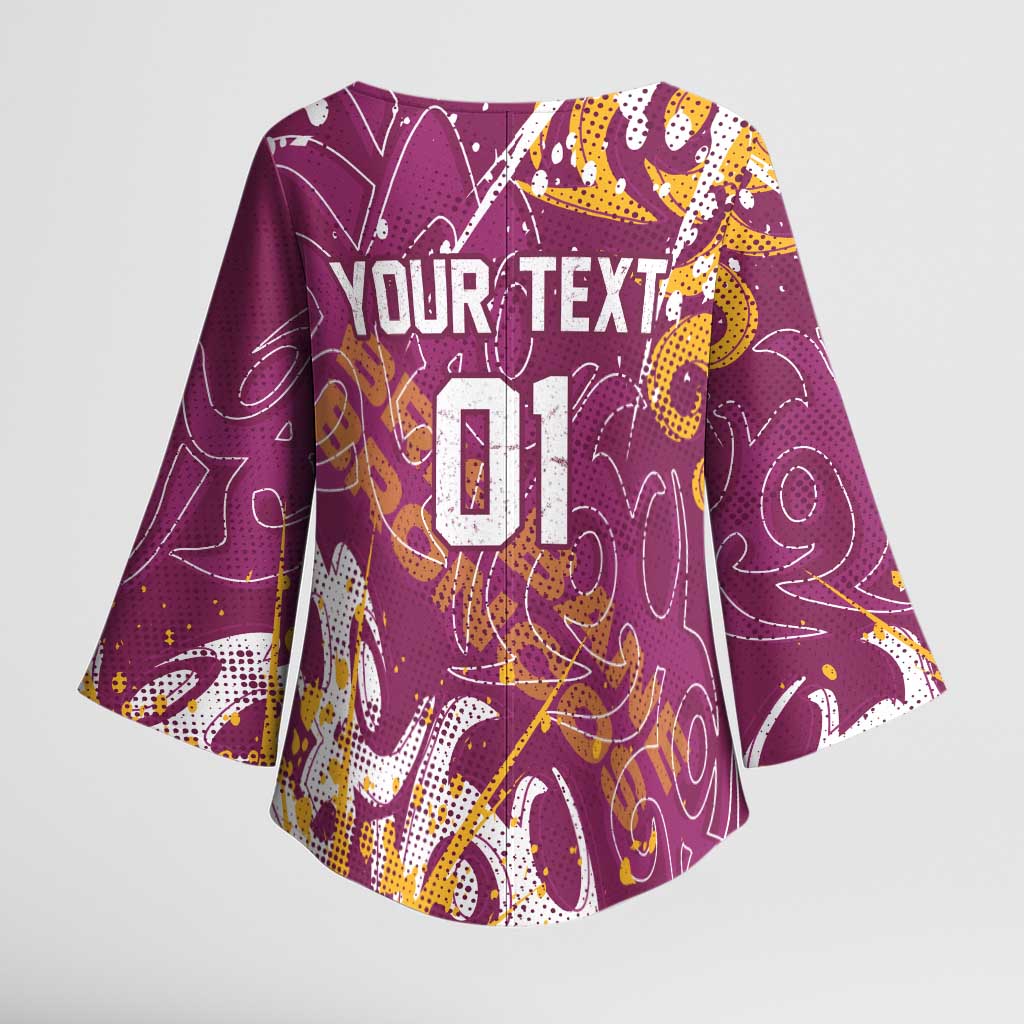Personalized Brisbane Broncos Rugby Kimono Sleeve Blouse Urban Street Graffiti Style - Distressed Splatter Elements