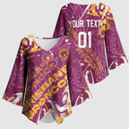 Personalized Brisbane Broncos Rugby Kimono Sleeve Blouse Urban Street Graffiti Style - Distressed Splatter Elements