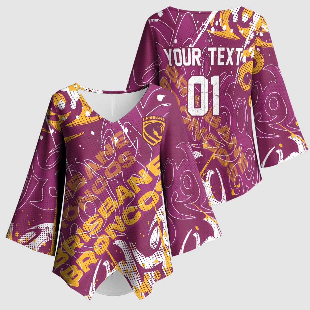 Personalized Brisbane Broncos Rugby Kimono Sleeve Blouse Urban Street Graffiti Style - Distressed Splatter Elements