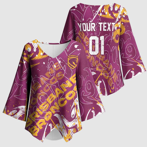 Personalized Brisbane Broncos Rugby Kimono Sleeve Blouse Urban Street Graffiti Style - Distressed Splatter Elements
