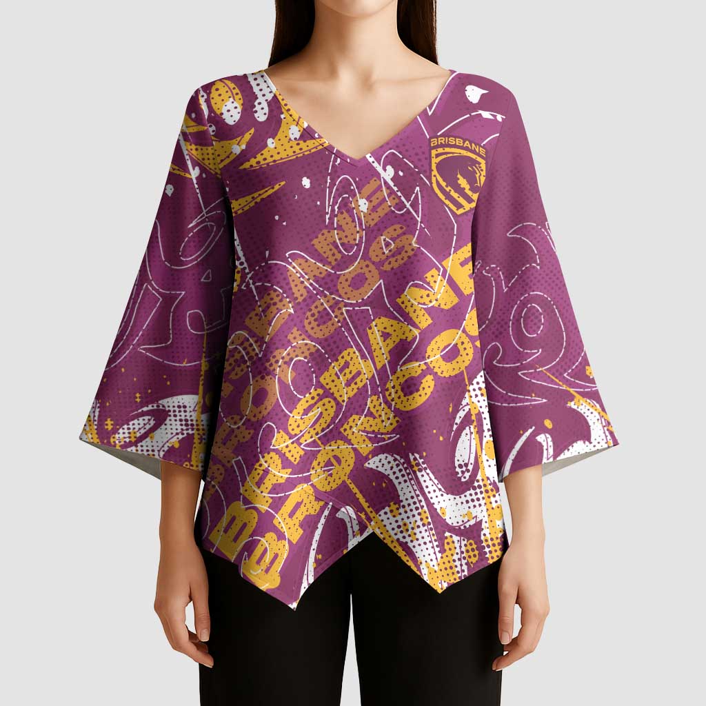 Personalized Brisbane Broncos Rugby Kimono Sleeve Blouse Urban Street Graffiti Style - Distressed Splatter Elements